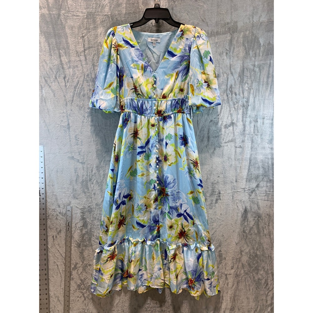 Kensie Light Blue Floral V-Neck Button Front Smocked Midi Dress KDUP1953 Size 2